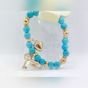 D'Bello Beaded Blue Lock,‎ Key, and Heart Stretchy Bracelet